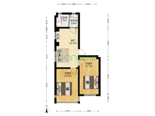 锦地翰城一期 2室1厅2卫 64平方