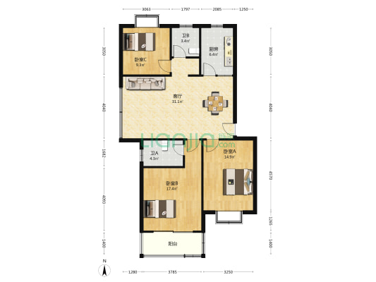 天成丽景花园 3室1厅2卫 113平方