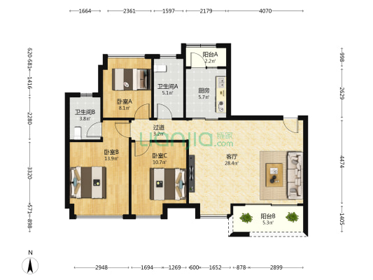 合景誉山国际四区天誉 3室1厅2卫 107平方