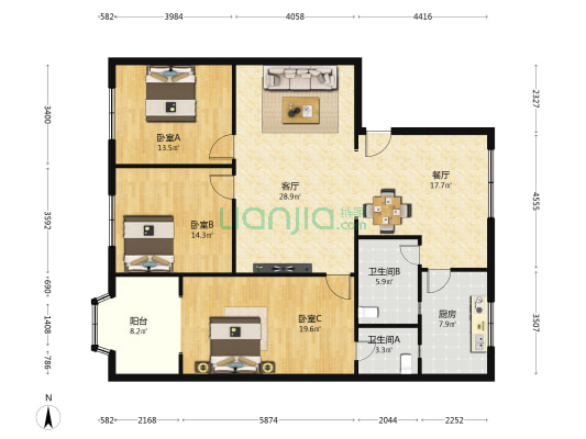 西园小区 3室2厅2卫 140平方