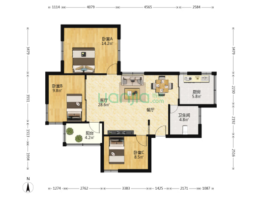 湾仔海关宿舍 3室1厅1卫 88平方