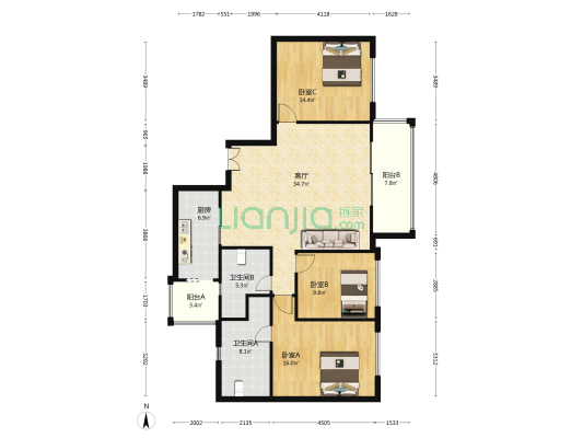 双楠悦天地 3室1厅2卫 135平方