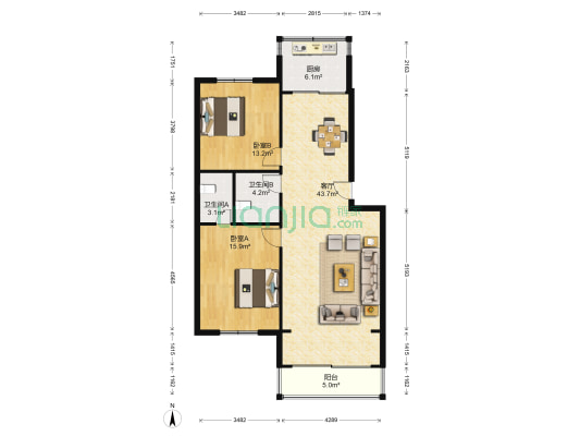 山水花园小区 2室1厅2卫 108平方