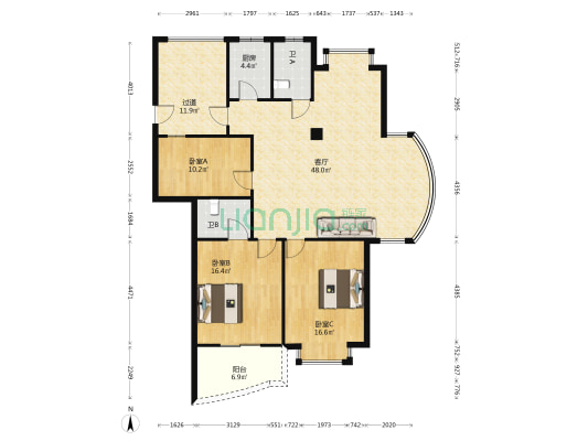 中央豪景西区 3室1厅2卫 145平方
