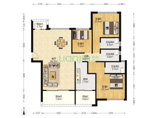 都市经典 3室1厅3卫 144平方