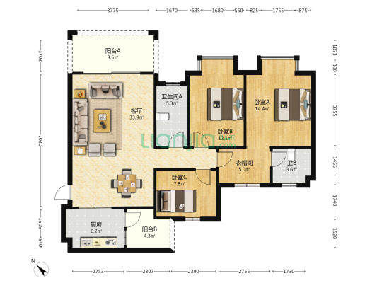 碧桂园时代城 3室1厅2卫 131平方