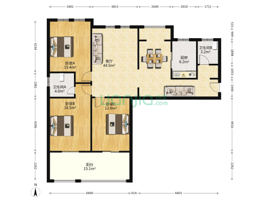 东关公寓 3室1厅2卫 139平方