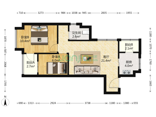 万科城 2室1厅1卫 66平方