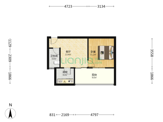 红建华府 1室1厅1卫 53平方