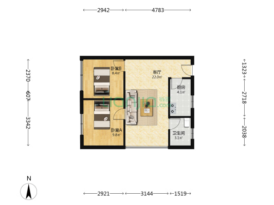 中川商贸城 2室1厅1卫 69平方