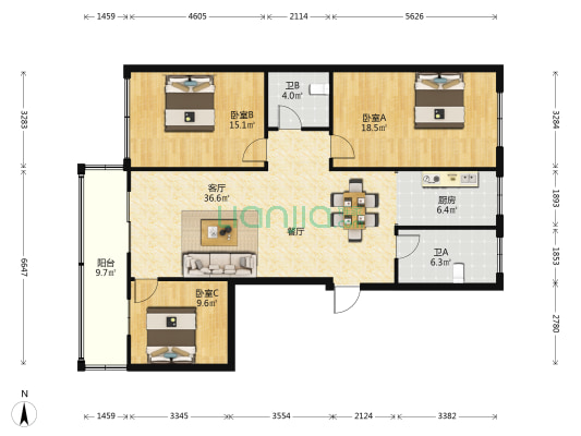 明珠金色家园 3室1厅2卫 123平方