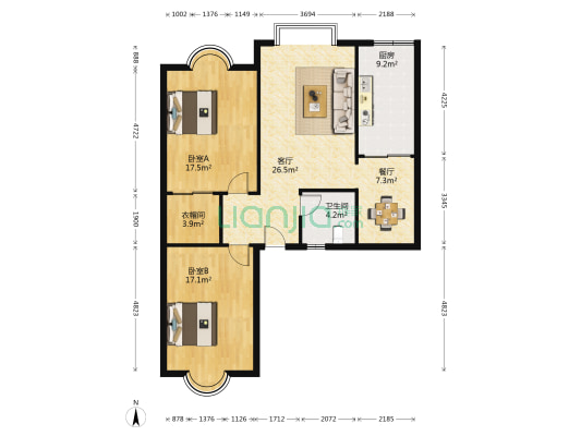 松涛苑 2室2厅1卫 124平方