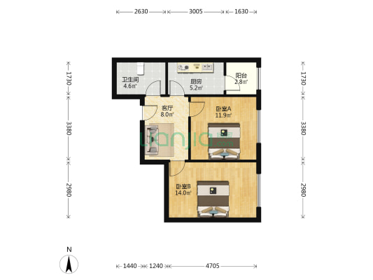 东方庭园 2室1厅1卫 68平方
