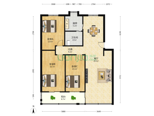 丰和中大道1946号 3室1厅1卫 130平方