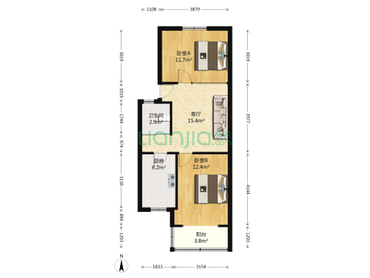 紫竹林1号 2室1厅1卫 57平方