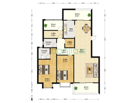 丽景湾 2室1厅2卫 134平方