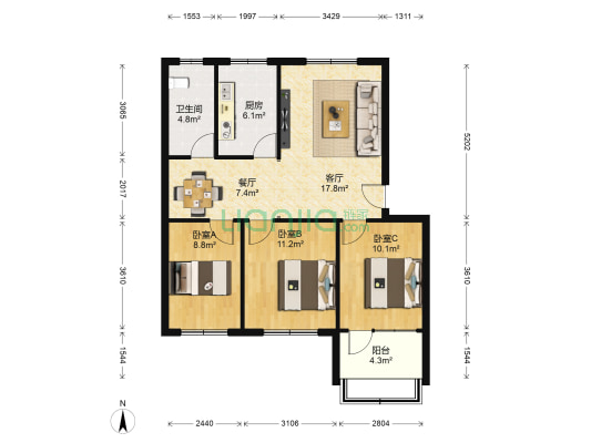 朝阳小区 3室2厅1卫 93平方
