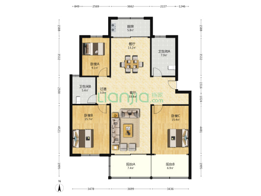 兰亭苑 3室2厅2卫 145平方