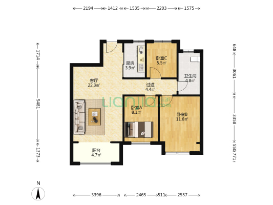 龙湖锦艺城高三组团 3室1厅1卫 85平方