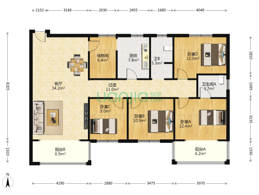 航天中一区 4室1厅2卫 143平方