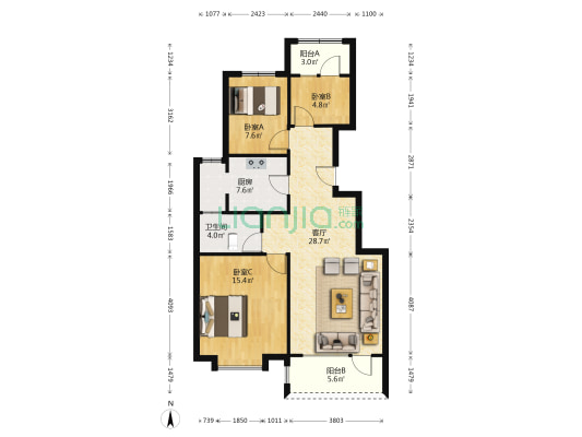 洋房南北通透三居室 采光好 无遮挡，满二无尾款-户型图