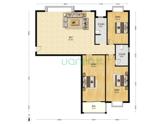 海丰世纪广场 3室1厅2卫 172平方