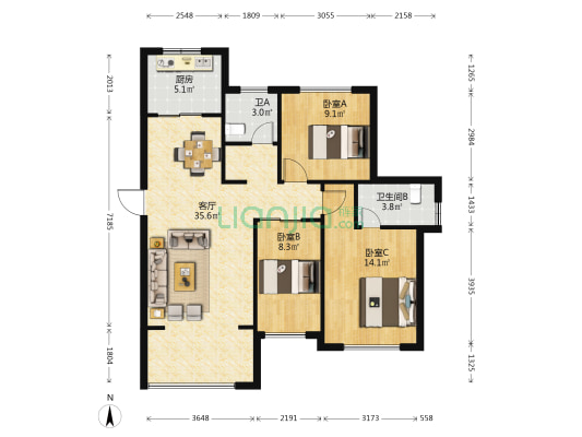 汇成天悦 3室1厅2卫 93平方