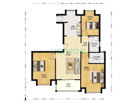置地康熙左岸 3室1厅2卫 130平方