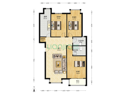 范阳路矿山局家属院，南北通透大三居两卫-户型图