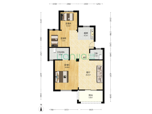 华惠苑 3室1厅2卫 87平方