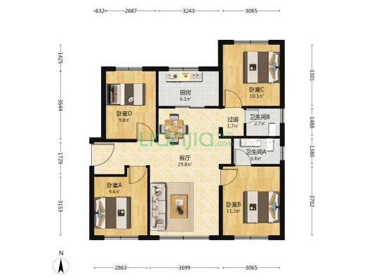 长安悦玺 4室1厅2卫 124平方