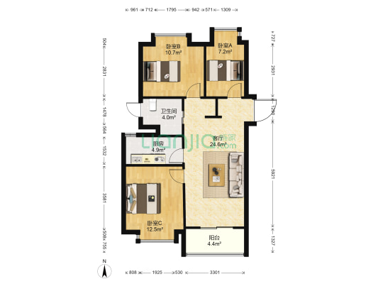 万科润园 3室1厅1卫 89平方