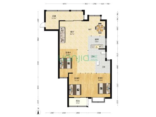金帝江语城 3室1厅2卫 136平方