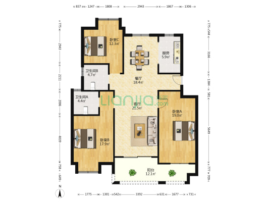 华尔登府邸 3室2厅2卫 130平方