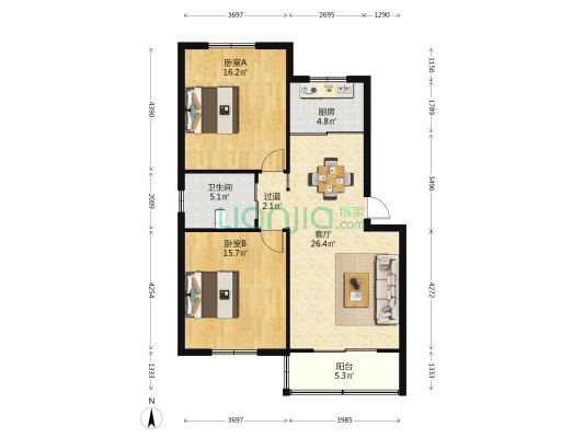 景都花园西区 2室1厅1卫 88平方
