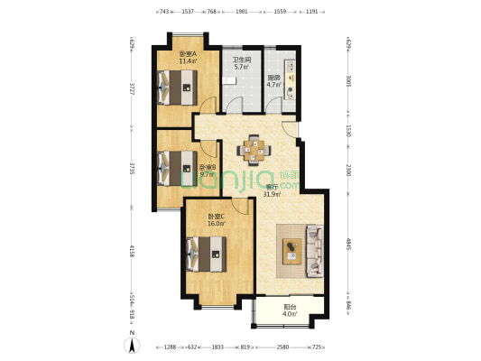 大丰景苑C区 3室1厅1卫 102平方