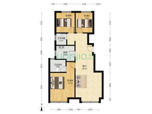 樾府国际一期 全明三居室 南北通透 现房 拎包入住-户型图