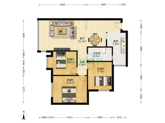 枫丹雅筑 3室1厅1卫 92平方
