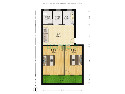 船舶厂宿舍 2室1厅2卫 73平方
