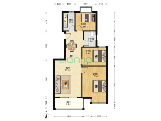中天三里银和源 3室1厅1卫 101平方