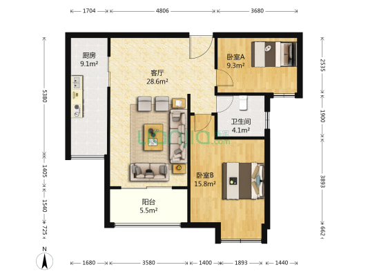 水韵花都家园 2室1厅1卫 89平方