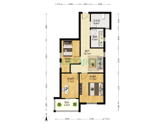 积贤雅苑 3室1厅1卫 76平方