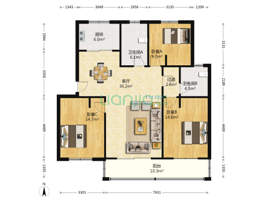 商城花园 3室1厅2卫 122平方