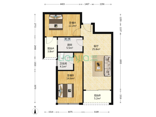 港中旅蓝谷壹号 2室1厅1卫 86平方