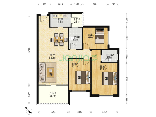 南贸花园三期 3室1厅2卫 107平方