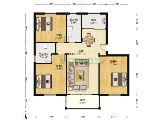舒馨花苑 3室1厅2卫 118平方