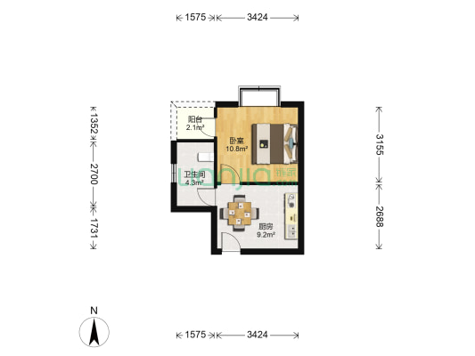柳莺花园沁园 1室0厅1卫 38平方