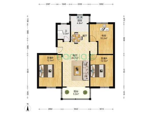 吉安小区 3室1厅1卫 90平方
