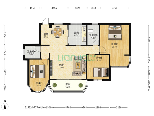 泰发大厦 3室2厅2卫 115平方