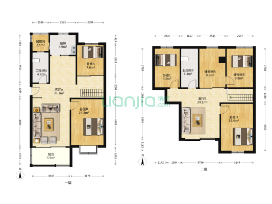欧美风河花园 4室2厅2卫 90平方